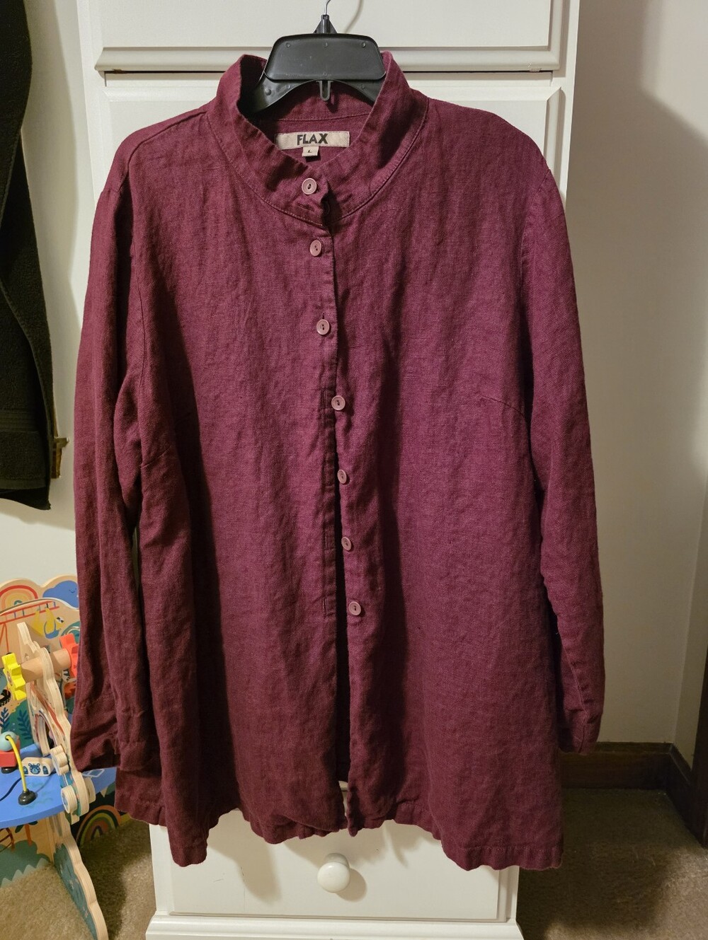 FLAX Plum Linen Button-Front Stand-Collar Top